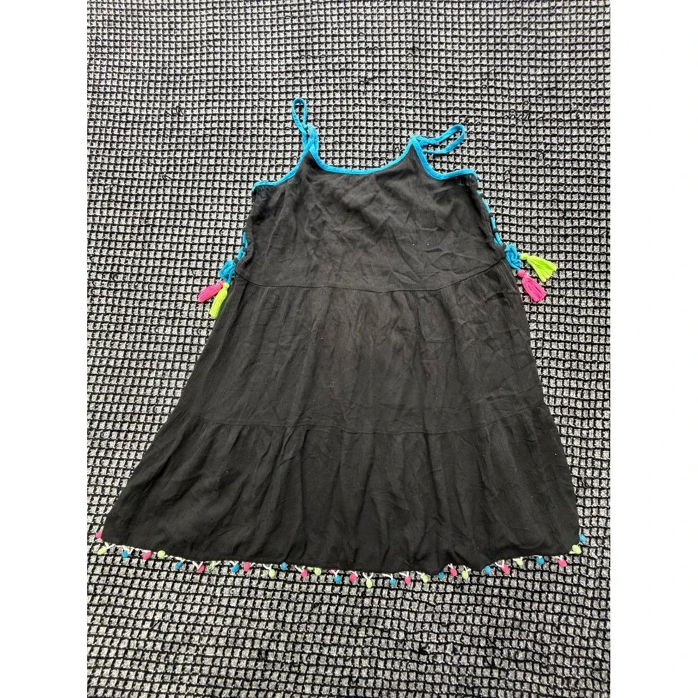 Justice Sun Dress Girls Size 10 Black Tassel Pom Pom Tiered Boho